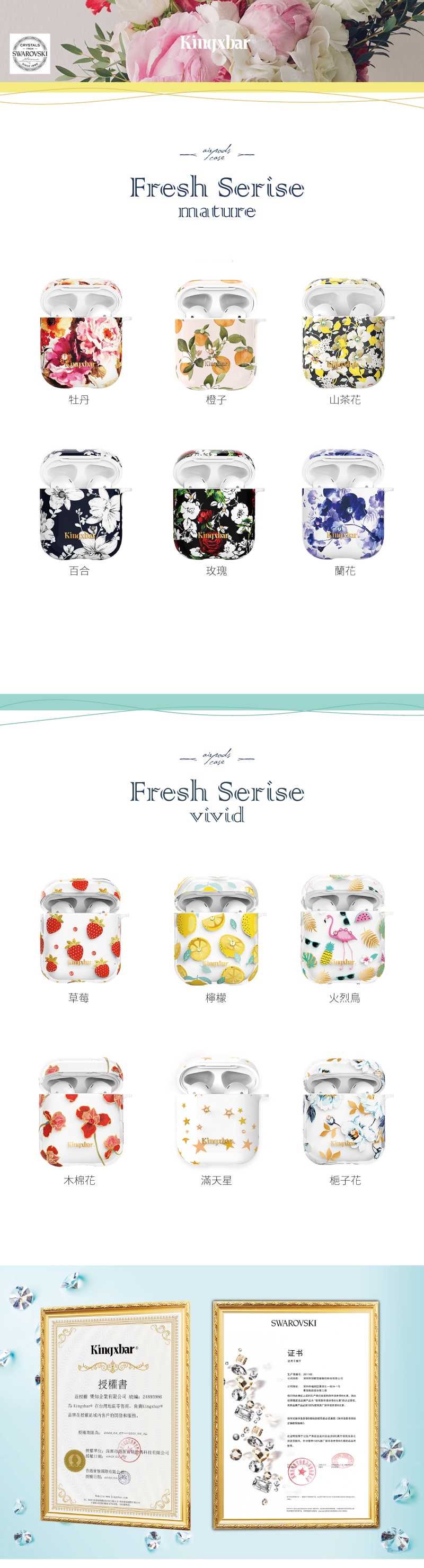 CRYSTALSSWAROVSKIFresh Serisemature牡丹橙子山茶花百合玫瑰蘭花Fresh Serisevivid草莓檸檬火烈鳥Kingxbar木棉花滿天星梔子花SWAROVSKIKingxbar授權書茲授權 樂知企業有限司 統編2893966 Kingxbar 負責Kingxbars在授權開發和務 证书服牌品产品104 授權單位有限公司授權香港有限公授權日期:0在%的。