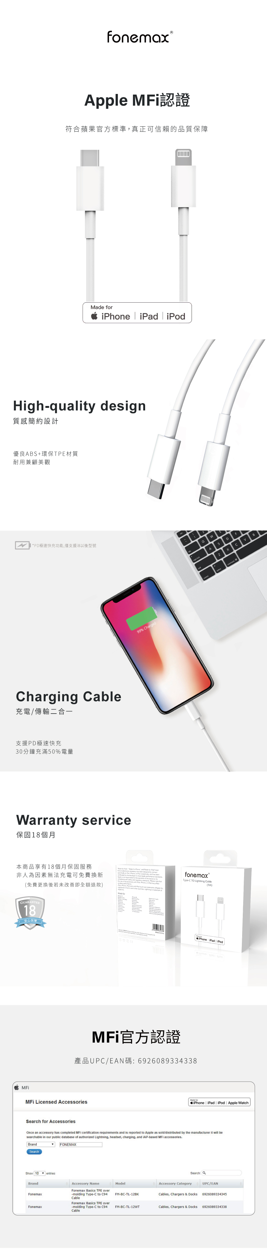 fonemax 符合蘋果官方標準真正可信賴的品質 i  iHigh-quality design質感簡約設計優良AB+環保TPE材質耐用兼顧美觀 *PD極速快充功能,僅支援以後型號harging Cable充電/傳輸二合支援PD極速快充30分鐘充滿50%電量arrty serice保固18個月99% Charged本商品享有18個月保固服務非人為因素無法充電可免費換新免費更換後若未改善即全額退款)  Pod Made  ,  f   an              h been  Apple        or     as   Phone      fonemaxType-C TO Lightning Cable(1m)GUARANTEE18一保障 Licensed AccessoriesMade 官方認證UPC/EAN 6926089334338WASD Cv  iPod Made foriPhone iPad iPod Apple WatchSearch for AccessoriesOnce an accessory has completed  certification requirements and is reported to Apple sold/distributed by the manufacturer it will besearchable in our public database of authorized Lightning, headset, charging, and -based MFi accessoriesBrandSearchFONEMAShow 10entriesBrandAccessory NameModelAccessory CategorySearchUPC/EANFM-BC-TL-12BKCables, Chargers Docks 6926089334345Fonemax Basics TPE over-molding Type-C to C94Fonemax Basics TPE over-molding Type-C to C94 FM-BC-TL-12WTFonemaxCableFonemaxCableCables, Chargers & Docks 6926089334338 X