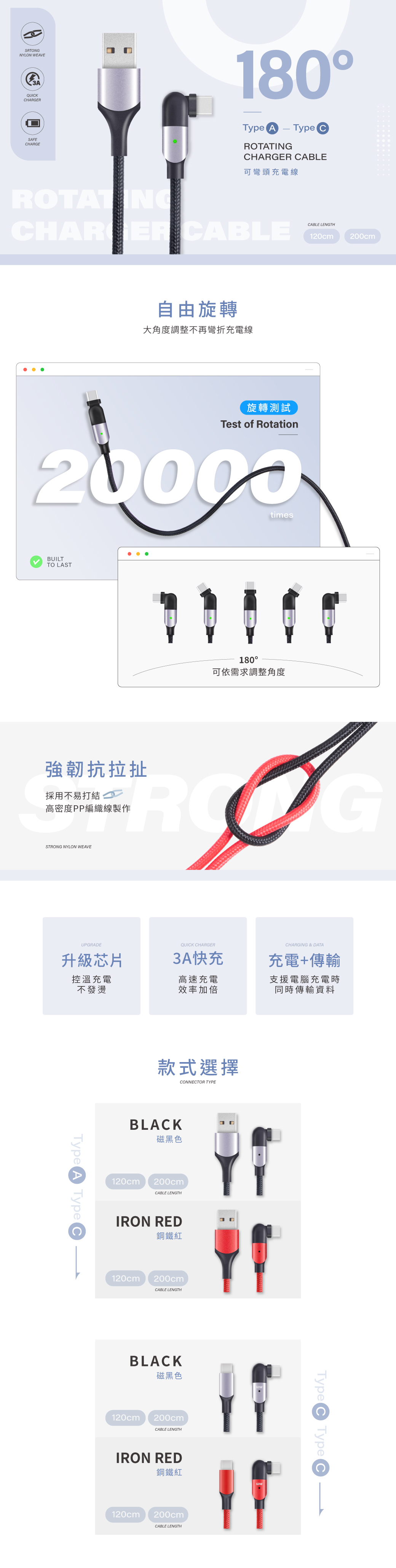 SATONGNYLON WEAVEQUIKSAFEHARGE180Type AROTATINGType CCHARGER CABLE可彎頭充電線CHARGER CABLECABLE LENGTH200cm120cm自由旋轉大角度調整不再彎折充電線旋轉測試Test of Rotation20000timesBUILTTO LAST180可依需求調整角度強韌抗拉扯採用不易打結高密度PP編織線製作RGSTRONG NYLON WEAVEUPGRADEQUICK CHARGER升級芯片3A快充控溫充電不發燙高速充電效率加倍Type A Type C款式選擇CONNECTOR TYPEBLACK磁黑色120cm200cmCABLE LENGTHIRON RED鋼鐵紅120cm200cmCABLE LENGTHBLACK磁黑色120cm200cmCABLE LENGTHCHARGING & DATA充電+傳輸支援電腦充電時同時傳輸資料IRON RED鋼鐵紅120cm200cmCABLE LENGTHType C Type C