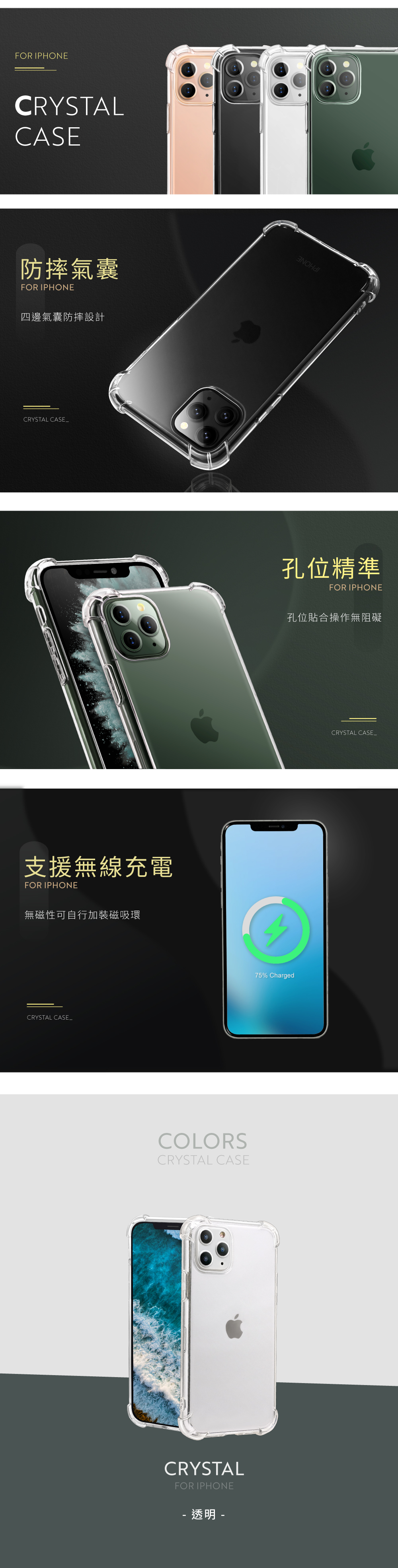 FOR IPHONECRYSTALCASE防摔氣囊FOR IPHONE四邊氣囊防摔設計CRYSTAL CASE_支援無線充電FOR IPHONE無磁性可自行加裝磁吸環CRYSTAL CASE_COLORSCRYSTAL CASECRYSTALFOR IPHONE- 透明 -孔位精準FOR IPHONE孔位貼合操作無阻礙75% ChargedCRYSTAL CASE_