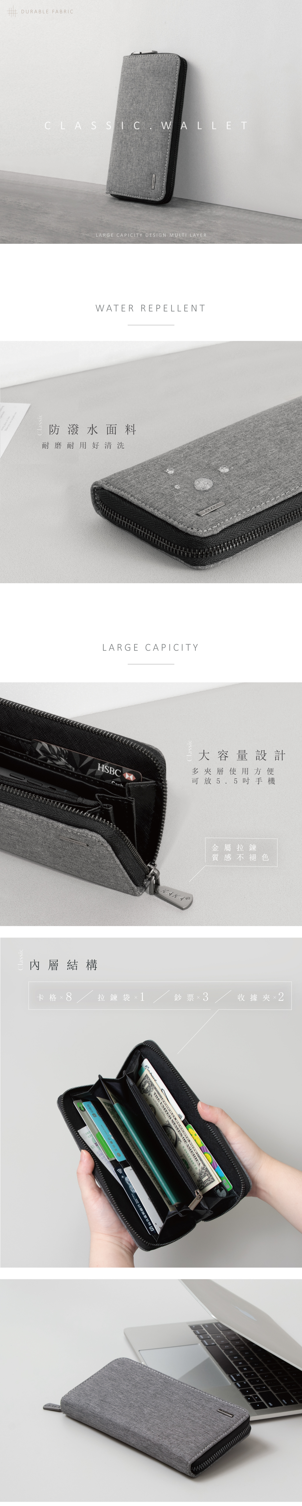 ClassicClassicDURABLE FABRICCLASSIC WALLETLARGE CAPICITY DESIGN MULTI LAYERWATER PELLENT防潑水面料耐磨耐用好清洗LARGE CAPICITYHSBCCach內層結構卡格  8拉鍊袋×1THE  台北富邦銀行REKAKAClassic鈔票×3ERICAK05288878大容量設計多夾層使用方便可放5.5手機金屬拉鍊質感不褪色收據 夾×24