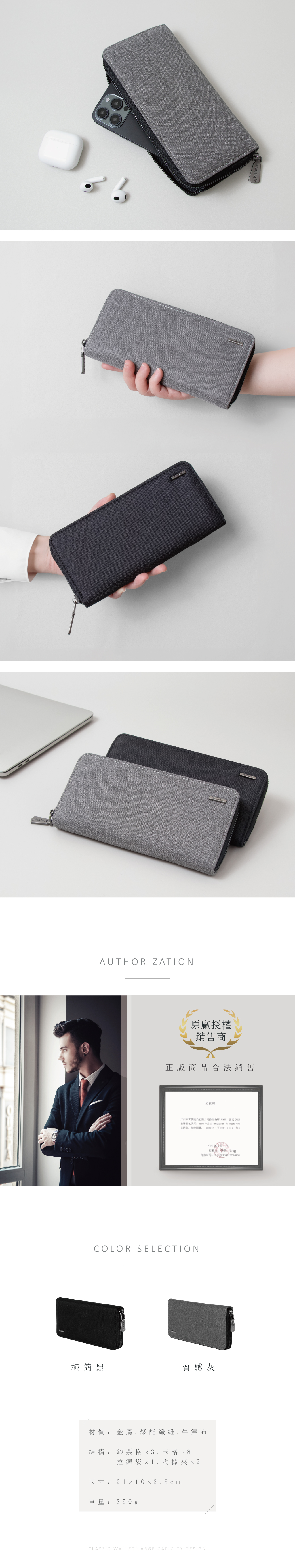 AUTHORIZATION原廠授權銷售商正版商品合法銷售授权书平台有效期限  )身份证号COLOR SELECTION極簡黑質感灰材質:金屬聚酯纖維牛津布結構:鈔票格、卡格 8拉鍊袋1、收據夾×2尺寸:21×10×2.5cm重量:350gCLASSIC WALLET LARGE CAPICITY DESIGN