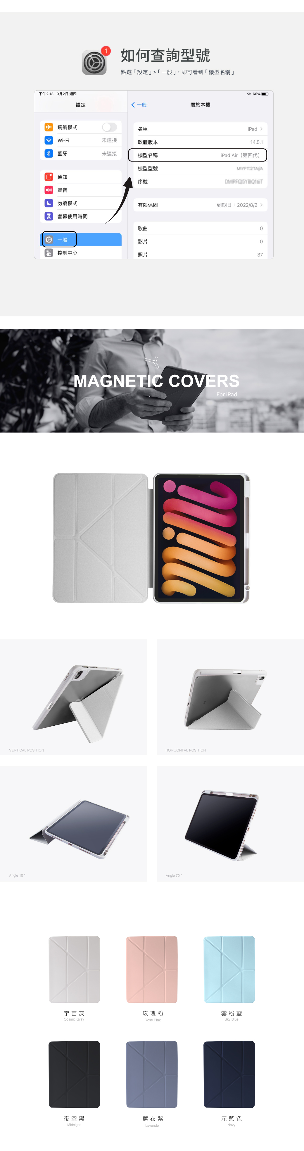 1如何查詢型號點選「設定「」,即可看到「機型名稱」下午2:13 9月2 週四%設定 一般關於本機 飛航模式名稱Wi-Fi未連接軟體版本藍牙未連接機型名稱機型型號通知聲音序號iPad14.5.1iPad Air(第四代) 擾模式有限保固到期日:222/8/2 螢幕使用時間歌曲日一般影片控制中心照片MAGNETIC COVERSFor iPadVERTICAL POSITIONHORIZONTAL POSITIONAngle 1Angle 70。宇宙灰玫瑰粉雲粉藍Cosmic GrayRose PinkSky Blue夜空黑Midnight薰衣紫Lavender深藍色Navy3700
