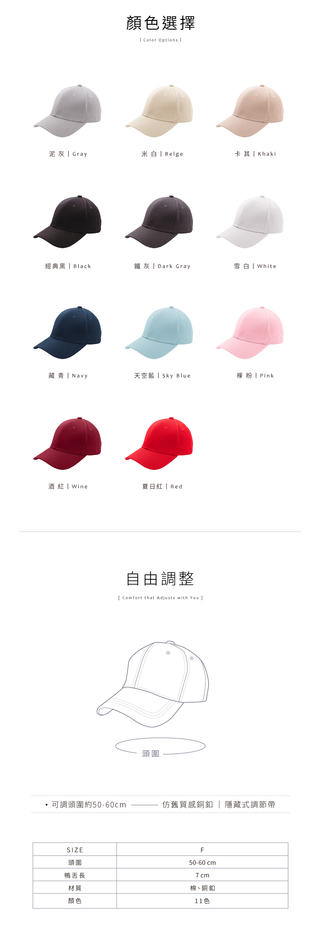 顏色選擇[ Color Options 泥灰 Gray米白 Belge卡其 Khaki經典黑  Black鐵灰 Dark Gray雪白 White藏青 Navy天空藍  Sky Blue裸粉| Pink酒紅 | Wine夏日紅 | Red自由調整[ Comfort that Adjusts with You ]頭圍可調頭圍約50-60cm仿舊質感銅釦 | 隱藏式調節帶SIZE頭圍鴨舌長材質顏色F50-60 cm7 cm棉、銅釦色