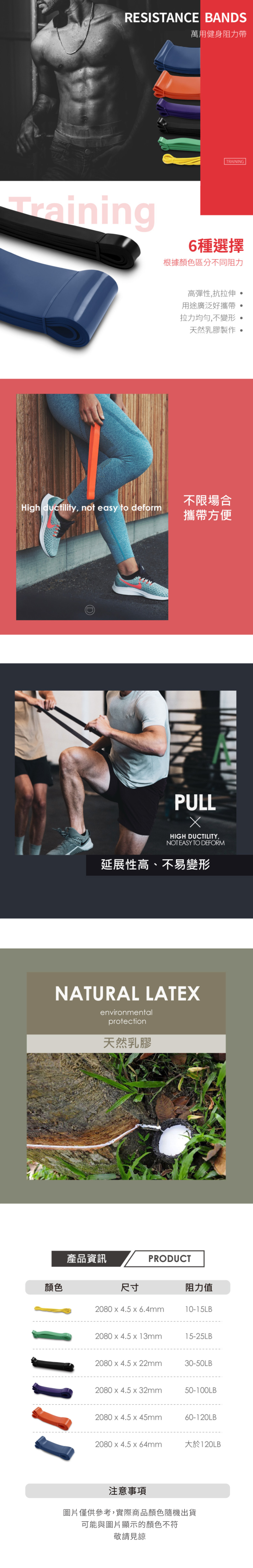 RESISTANCE BANDS萬用健身阻力帶TrainingTRAINING6種選擇根據顏色區分不同阻力高彈性,抗拉伸 用途廣泛好攜帶拉力均勻,不變形天然乳膠製作不限場合High ductility, not easy to deform攜帶方便PULLHIGH DUCTILITY,NOT EASY TO DEFORM延展性高、不易變形NATURAL LATEXenvironmentalprotection天然乳膠產品資訊PRODUCT顏色尺寸阻力值2080  4.5  6.4mm10-15LB2080 x 4.5 x 13mm15-25LB2080 x 4.5 x 22mm30-50LB2080 x 4.5 x 32mm50-100LB2080 x 4.5 x 45mm60-120LB2080 x 4.5 x 64mm大於120LB